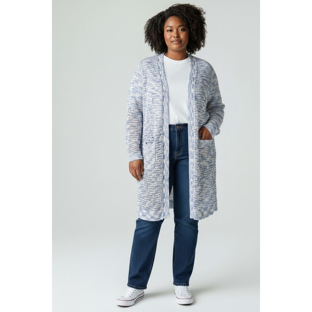 Lane Bryant Blue White Space Dye Open Knit Longline Cardigan Sweater Plus 18/20